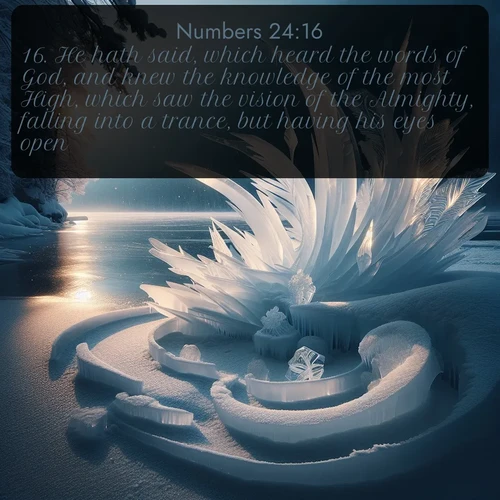 KJV Numbers 24:16 overlaying nature image scene: Winter ice forms abstract sculptures along a lake shore.;16. He hath said, which heard the words of God, and knew the knowledge of the most High, which saw the vision of the Almighty, falling into a trance, but having his eyes open: