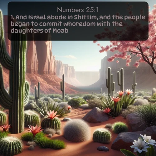 KJV Numbers  ; image nature: image with the bible verse :And Israel abode in Shittim, and the people began to commit whoredom with the daughters of Moab. ; Explore Bible verse images highlighting the beauty of spring, with vibrant flowers, butterflies, and blossoming fruit trees. These scenes evoke divine hope and renewal. Download inspiring verses like KJV Numbers 25:1. Current verse is overlayed with the thematic nature scene : Desert cacti burst with spring blooms against red sandstone formations. ; 25:1