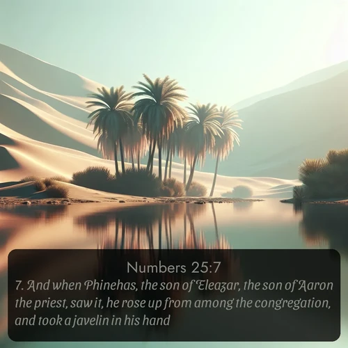 citation biblique : 7. And when Phinehas, the son of Eleazar, the son of Aaron the priest, saw it, he rose up from among the congregation, and took a javelin in his hand;
 sur fond image nature