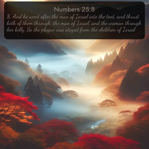 citation biblique : 8. And he went after the man of Israel into the tent, and thrust both of them through, the man of Israel, and the woman through her belly. So the plague was stayed from the children of Israel.
 sur fond image nature