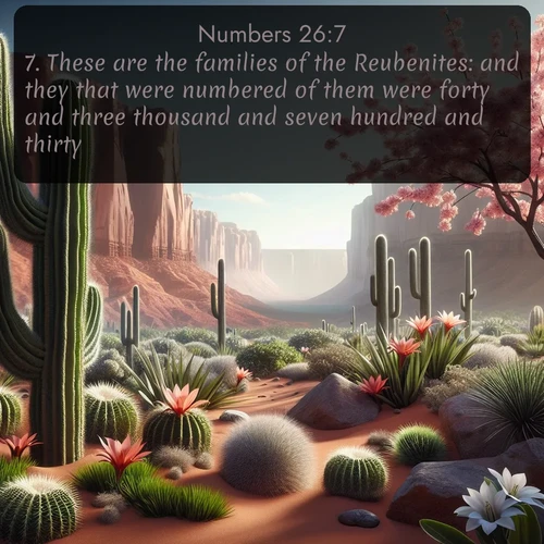 citation biblique : 7. These are the families of the Reubenites: and they that were numbered of them were forty and three thousand and seven hundred and thirty.
 sur fond image nature