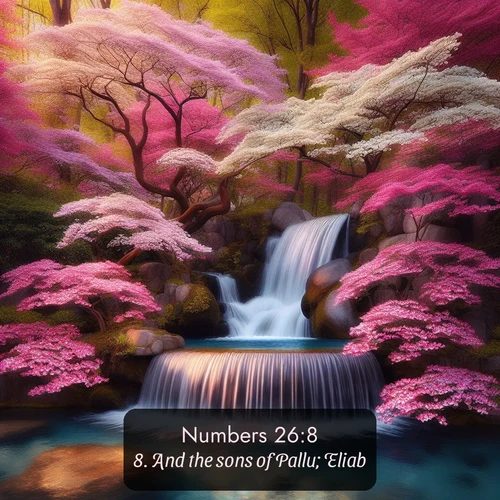KJV Numbers  ; image nature: image with the bible verse :And the sons of Pallu; Eliab. ; Admire our gallery of Bible verse images paired with serene nature photography, featuring starlit skies, golden sands, and blooming wildflowers. Download and share verses like KJV Numbers 26:8. Current verse is overlayed with the thematic nature scene : A spring cascade plunges into a pool surrounded by flowering dogwood. ; 26:8