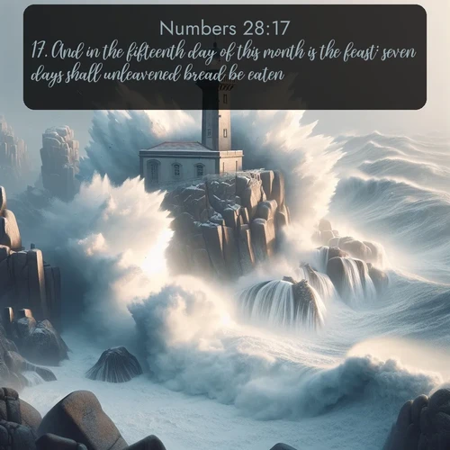 KJV Numbers  ; image nature: image with the bible verse :And in the fifteenth day of this month is the feast: seven days shall unleavened bread be eaten. ; Browse our selection of stunning Bible verse images featuring unique natural scenes like fiery autumn forests, serene meadows, and starlit skies. Download and share verses like KJV Numbers 28:17 for free. Current verse is overlayed with the thematic nature scene : Winter storms send massive waves crashing against lighthouse rocks. ; 28:17
