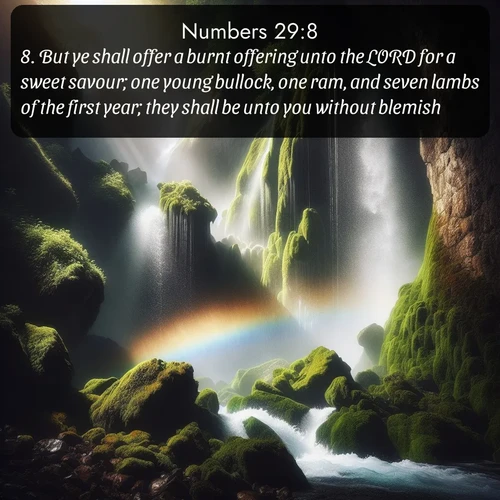 citation biblique : 8. But ye shall offer a burnt offering unto the LORD for a sweet savour; one young bullock, one ram, and seven lambs of the first year; they shall be unto you without blemish:
 sur fond image nature