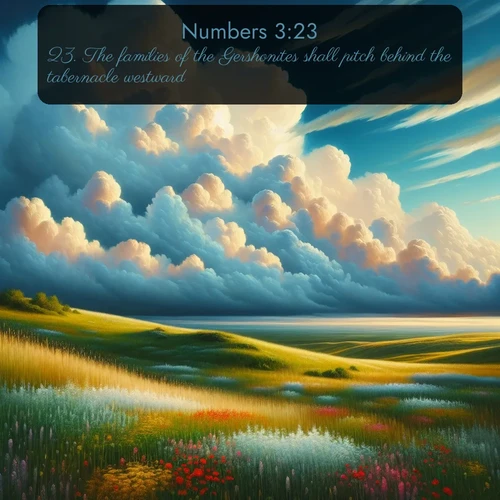 KJV Numbers  ; image nature: image with the bible verse :The families of the Gershonites shall pitch behind the tabernacle westward. ; Discover inspiring Bible verse images featuring natural wonders like lush forests, sunny horizons, and cascading waterfalls. Perfect for wallpapers or spiritual encouragement. Download verses like KJV Numbers 3:23. Current verse is overlayed with the thematic nature scene : Summer thunderheads build over grasslands dotted with wildflowers. ; 3:23