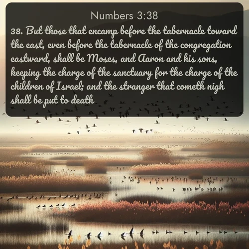 KJV Numbers  ; image nature: image with the bible verse :But those that encamp before the tabernacle toward the east, even before the tabernacle of the congregation eastward, shall be Moses, and Aaron and his sons, keeping the charge of the sanctuary for the charge of the children of Israel; and the stranger that cometh nigh shall be put to death. ; Discover our curated gallery of Bible verse images with breathtaking scenery, from tranquil deserts to lush green pastures. Perfect for phone wallpapers or sharing online. Download verses like KJV Numbers 3:38. Current verse is overlayed with the thematic nature scene : Spring migration fills marshlands with calling birds. ; 3:38