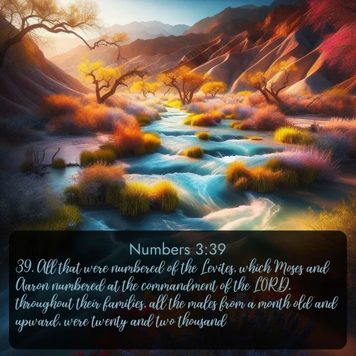 KJV Numbers  ; image nature: image with the bible verse :All that were numbered of the Levites, which Moses and Aaron numbered at the commandment of the LORD, throughout their families, all the males from a month old and upward, were twenty and two thousand. ; Explore a unique collection of Bible verses illustrated by winter landscapes, such as snowy mountains, frosty forests, and starry skies. These images capture the peace and beauty of winter. Share verses like KJV Numbers 3:39. Current verse is overlayed with the thematic nature scene : Spring floods transform desert arroyos into rushing streams. ; 3:39