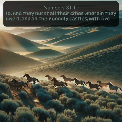 KJV Numbers 31:10 overlaying nature image scene: Wild mustangs gallop across sage-covered hills in the morning light.;10. And they burnt all their cities wherein they dwelt, and all their goodly castles, with fire.