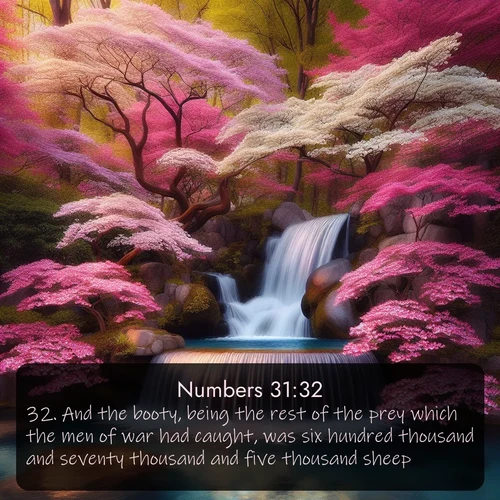 citation biblique : 32. And the booty, being the rest of the prey which the men of war had caught, was six hundred thousand and seventy thousand and five thousand sheep,
 sur fond image nature