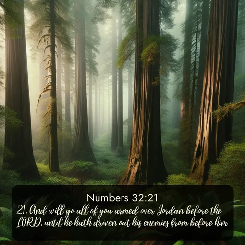citation biblique : 21. And will go all of you armed over Jordan before the LORD, until he hath driven out his enemies from before him,
 sur fond image nature