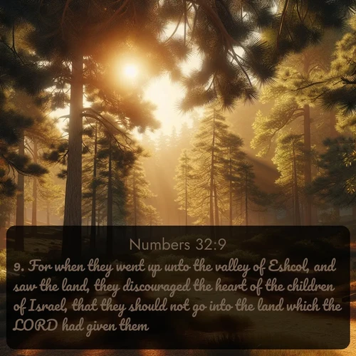citation biblique : 9. For when they went up unto the valley of Eshcol, and saw the land, they discouraged the heart of the children of Israel, that they should not go into the land which the LORD had given them.
 sur fond image nature
