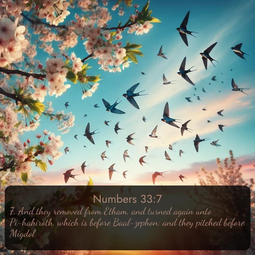 citation biblique : 7. And they removed from Etham, and turned again unto Pi-hahiroth, which is before Baal-zephon: and they pitched before Migdol.
 sur fond image nature
