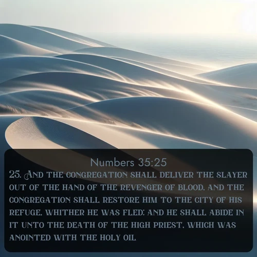 citation biblique : 25. And the congregation shall deliver the slayer out of the hand of the revenger of blood, and the congregation shall restore him to the city of his refuge, whither he was fled: and he shall abide in it unto the death of the high priest, which was anointed with the holy oil.
 sur fond image nature