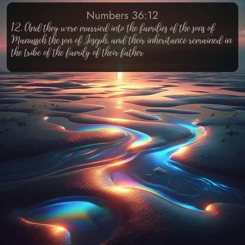 KJV Numbers  ; image nature: image with the bible verse :And they were married into the families of the sons of Manasseh the son of Joseph, and their inheritance remained in the tribe of the family of their father. ; Dive into our collection of Bible verses paired with breathtaking desert landscapes, featuring infinite dunes, shaded oases, and desert sunsets. These images highlight the majestic grandeur of God&#039;s creation. Download and share verses like KJV Numbers 36:12. Current verse is overlayed with the thematic nature scene : Tidal pools reflect sunset colors at low tide. ; 36:12