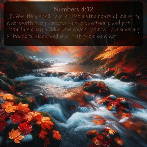 citation biblique : 12. And they shall take all the instruments of ministry, wherewith they minister in the sanctuary, and put them in a cloth of blue, and cover them with a covering of badgers&#039; skins, and shall put them on a bar:
 sur fond image nature