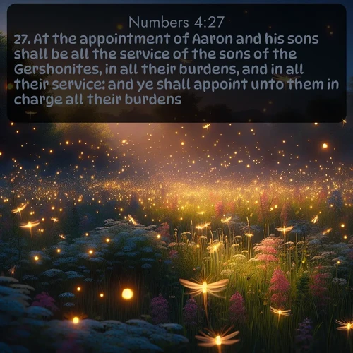 citation biblique : 27. At the appointment of Aaron and his sons shall be all the service of the sons of the Gershonites, in all their burdens, and in all their service: and ye shall appoint unto them in charge all their burdens.
 sur fond image nature