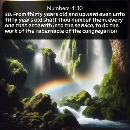 citation biblique : 30. From thirty years old and upward even unto fifty years old shalt thou number them, every one that entereth into the service, to do the work of the tabernacle of the congregation.
 sur fond image nature