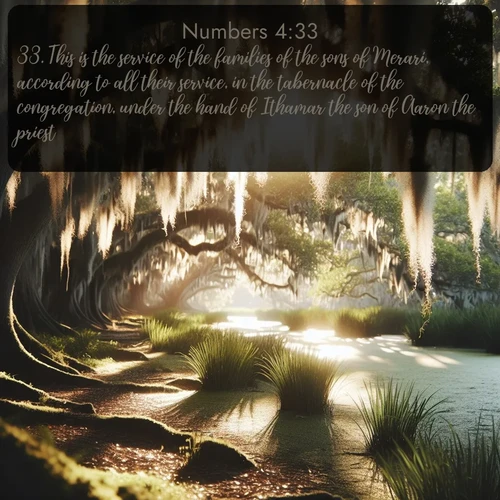 citation biblique : 33. This is the service of the families of the sons of Merari, according to all their service, in the tabernacle of the congregation, under the hand of Ithamar the son of Aaron the priest.
 sur fond image nature