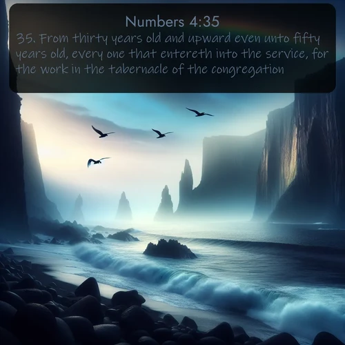 citation biblique : 35. From thirty years old and upward even unto fifty years old, every one that entereth into the service, for the work in the tabernacle of the congregation:
 sur fond image nature