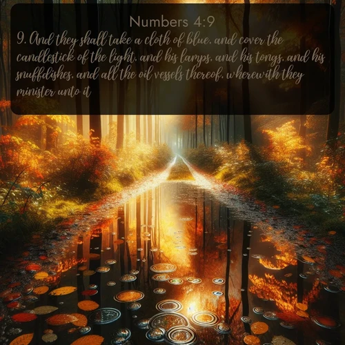 citation biblique : 9. And they shall take a cloth of blue, and cover the candlestick of the light, and his lamps, and his tongs, and his snuffdishes, and all the oil vessels thereof, wherewith they minister unto it:
 sur fond image nature