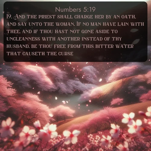 citation biblique : 19. And the priest shall charge her by an oath, and say unto the woman, If no man have lain with thee, and if thou hast not gone aside to uncleanness with another instead of thy husband, be thou free from this bitter water that causeth the curse:
 sur fond image nature