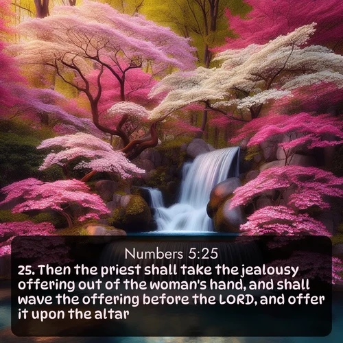 citation biblique : 25. Then the priest shall take the jealousy offering out of the woman&#039;s hand, and shall wave the offering before the LORD, and offer it upon the altar:
 sur fond image nature