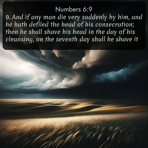 citation biblique : 9. And if any man die very suddenly by him, and he hath defiled the head of his consecration; then he shall shave his head in the day of his cleansing, on the seventh day shall he shave it.
 sur fond image nature