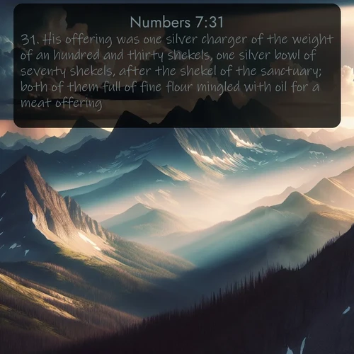 citation biblique : 31. His offering was one silver charger of the weight of an hundred and thirty shekels, one silver bowl of seventy shekels, after the shekel of the sanctuary; both of them full of fine flour mingled with oil for a meat offering:
 sur fond image nature