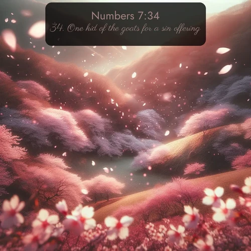 KJV Numbers  ; image nature: image with the bible verse :One kid of the goats for a sin offering: ; Admire our autumnal collection of Bible verse images accompanied by photos of paths lined with red and yellow leaves, fiery forests, and calm rivers. These images inspire reflection and serenity. Share verses like KJV Numbers 7:34. Current verse is overlayed with the thematic nature scene : Cherry blossoms blanket the hillside in soft pink snow, swirling through the air like nature&#039;s confetti. ; 7:34