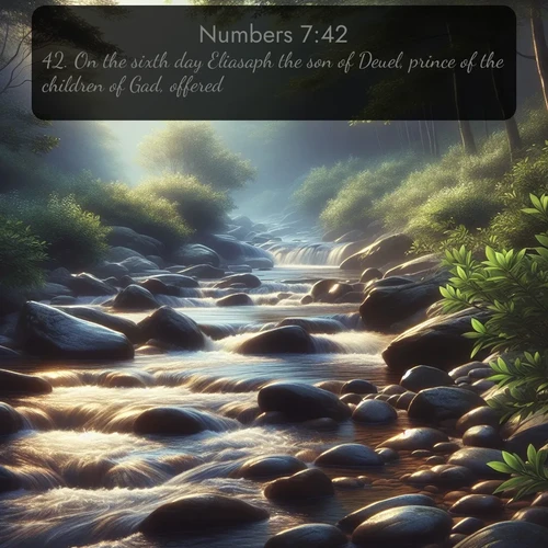 citation biblique : 42. On the sixth day Eliasaph the son of Deuel, prince of the children of Gad, offered:
 sur fond image nature