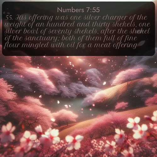KJV Numbers  ; image nature: image with the bible verse :His offering was one silver charger of the weight of an hundred and thirty shekels, one silver bowl of seventy shekels, after the shekel of the sanctuary; both of them full of fine flour mingled with oil for a meat offering: ; Discover Bible verses beautifully integrated with natural scenes of varied seasons, featuring summer skies, winter snow, autumn leaves, and spring blooms. Each image captures the splendor and peace of God&#039;s creation. Share verses like KJV Numbers 7:55. Current verse is overlayed with the thematic nature scene : Cherry blossoms blanket the hillside in soft pink snow, swirling through the air like nature&#039;s confetti. ; 7:55