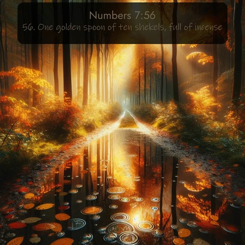 KJV Numbers  ; image nature: image with the bible verse :One golden spoon of ten shekels, full of incense: ; Admire Bible verse images featuring tranquil rivers, golden fields, and starry heavens. These free-to-download images make inspiring wallpapers or thoughtful gifts. Download KJV Numbers 7:56 now. Current verse is overlayed with the thematic nature scene : Autumn colors reflect in rain puddles on a forest path. ; 7:56