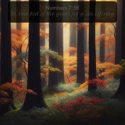 KJV Numbers  ; image nature: image with the bible verse :One kid of the goats for a sin offering: ; Discover our curated gallery of Bible verse images with breathtaking scenery, from tranquil deserts to lush green pastures. Perfect for phone wallpapers or sharing online. Download verses like KJV Numbers 7:58. Current verse is overlayed with the thematic nature scene : Autumn rain darkens tree trunks in the forest. ; 7:58