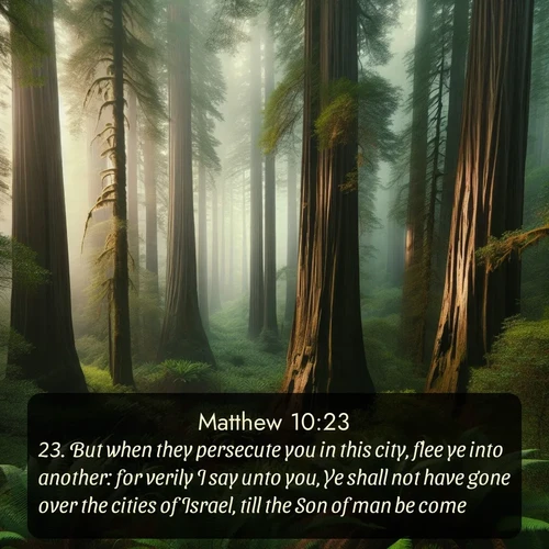 KJV Gospel of Matthew  ; image nature: image with the bible verse :But when they persecute you in this city, flee ye into another: for verily I say unto you, Ye shall not have gone over the cities of Israel, till the Son of man be come. ; Explore a unique collection of Bible verses illustrated by winter landscapes, such as snowy mountains, frosty forests, and starry skies. These images capture the peace and beauty of winter. Share verses like KJV Gospel of Matthew 10:23. Current verse is overlayed with the thematic nature scene : Coastal redwoods disappear into the fog high above a fern grove. ; 10:23