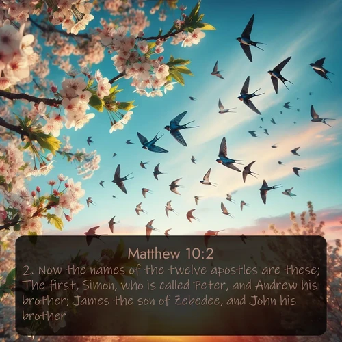 citation biblique : 2. Now the names of the twelve apostles are these; The first, Simon, who is called Peter, and Andrew his brother; James the son of Zebedee, and John his brother;
 sur fond image nature