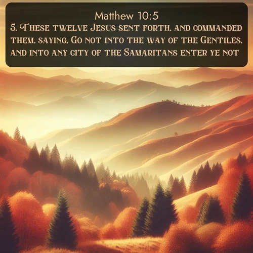 citation biblique : 5. These twelve Jesus sent forth, and commanded them, saying, Go not into the way of the Gentiles, and into any city of the Samaritans enter ye not:
 sur fond image nature