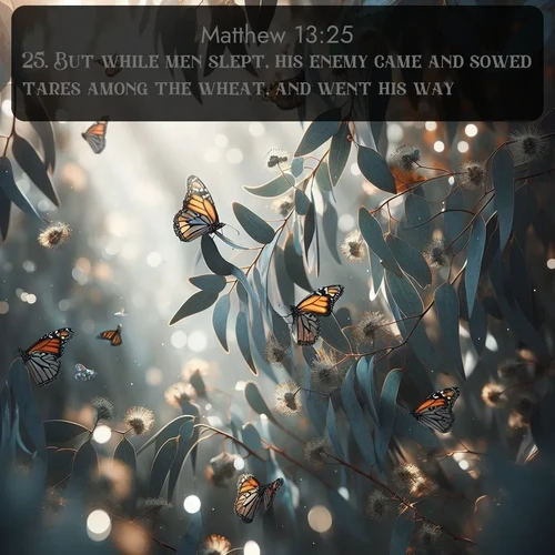 citation biblique : 25. But while men slept, his enemy came and sowed tares among the wheat, and went his way.
 sur fond image nature