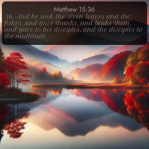 citation biblique : 36. And he took the seven loaves and the fishes, and gave thanks, and brake them, and gave to his disciples, and the disciples to the multitude.
 sur fond image nature