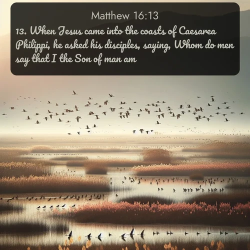 citation biblique : 13. When Jesus came into the coasts of Caesarea Philippi, he asked his disciples, saying, Whom do men say that I the Son of man am?
 sur fond image nature
