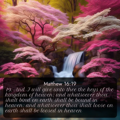 citation biblique : 19. And I will give unto thee the keys of the kingdom of heaven: and whatsoever thou shalt bind on earth shall be bound in heaven: and whatsoever thou shalt loose on earth shall be loosed in heaven.
 sur fond image nature