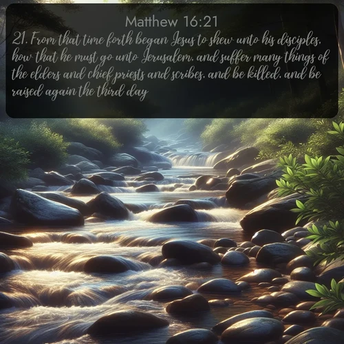 citation biblique : 21. From that time forth began Jesus to shew unto his disciples, how that he must go unto Jerusalem, and suffer many things of the elders and chief priests and scribes, and be killed, and be raised again the third day.
 sur fond image nature