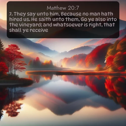 citation biblique : 7. They say unto him, Because no man hath hired us. He saith unto them, Go ye also into the vineyard; and whatsoever is right, that shall ye receive.
 sur fond image nature
