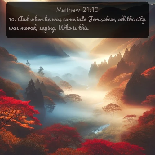 KJV Gospel of Matthew  ; image nature: image with the bible verse :And when he was come into Jerusalem, all the city was moved, saying, Who is this? ; Discover our curated gallery of Bible verse images with breathtaking scenery, from tranquil deserts to lush green pastures. Perfect for phone wallpapers or sharing online. Download verses like KJV Gospel of Matthew 21:10. Current verse is overlayed with the thematic nature scene : Autumn mist rises from a valley dotted with red and gold maples. ; 21:10