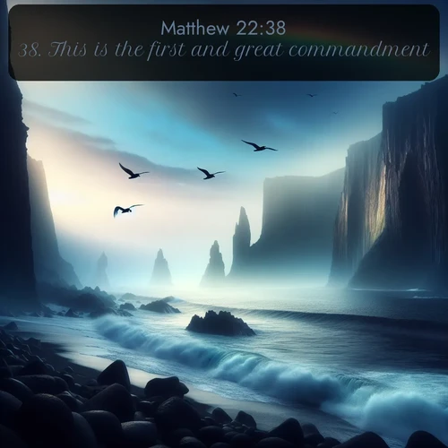 citation biblique : 38. This is the first and great commandment.
 sur fond image nature