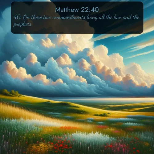 citation biblique : 40. On these two commandments hang all the law and the prophets.
 sur fond image nature