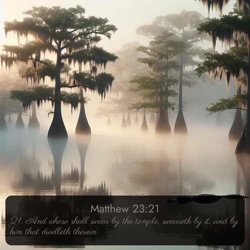 citation biblique : 21. And whoso shall swear by the temple, sweareth by it, and by him that dwelleth therein.
 sur fond image nature