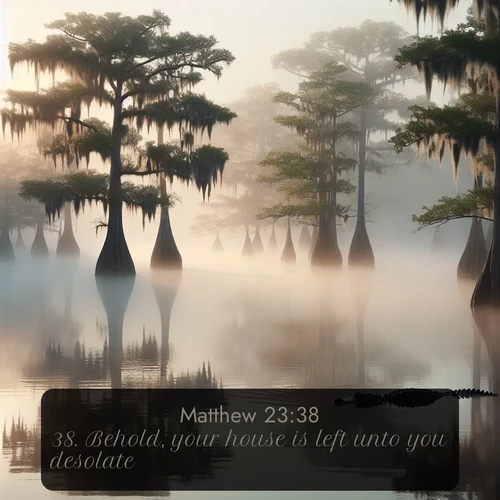 citation biblique : 38. Behold, your house is left unto you desolate.
 sur fond image nature