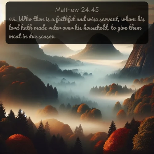 citation biblique : 45. Who then is a faithful and wise servant, whom his lord hath made ruler over his household, to give them meat in due season?
 sur fond image nature
