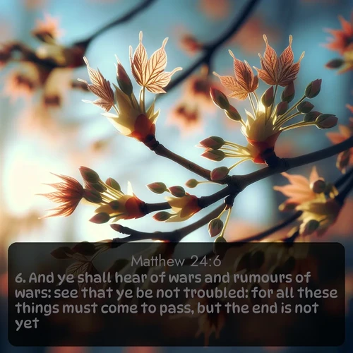 citation biblique : 6. And ye shall hear of wars and rumours of wars: see that ye be not troubled: for all these things must come to pass, but the end is not yet.
 sur fond image nature