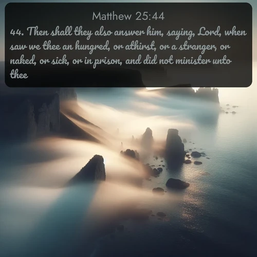 citation biblique : 44. Then shall they also answer him, saying, Lord, when saw we thee an hungred, or athirst, or a stranger, or naked, or sick, or in prison, and did not minister unto thee?
 sur fond image nature